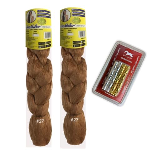 Kit 2 Pacotes de Jumbos Ser Mulher Cabelo Para Tranças Box Braids 399g 65 cm + Kit de 20 Anéis Enfei