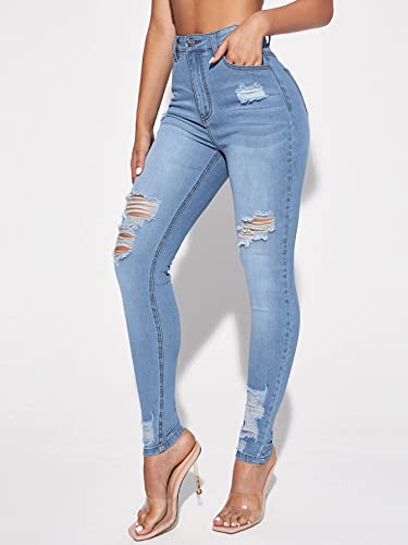 Floerns Women's High Waisted Ripped Skinny Jeans Destroyed Denim Pants Light Blue S #TOP2
