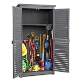 Outvita Outdoor Storage Cabinet, 63in Wooden Garden Tools Shed with 2 Lockable Doors, 3 Adjustable Shelves, Waterproof Roof for Yard Garge Patio Deck Porch（Grey）