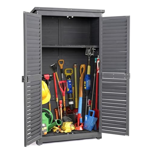 Outvita Outdoor Storage Cabinet, 63in Wooden Garden Tools Shed with 2 Lockable Doors, 3 Adjustable Shelves, Waterproof Roof for Yard Garge Patio Deck Porch(Grey)