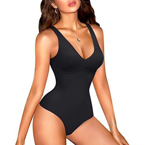 Reyeogo Full Body Shapewear Bodysuit For Women Tummy Control Waist Trainer Slimming Body Shaper Thong V Neck Bra Jumpsuit Top (X-Large, Black) #TOP20