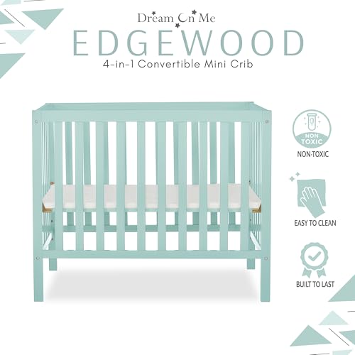 Image of Dream On Me Edgewood 4-In-1 Convertible Mini Crib In Mint, JPMA Certified, Non-Toxic Finish, New Zealand Pinewood, With 3 Mattress Height Settings, Included 1 inch Mattress Pad