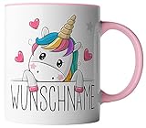 vanVerden Kinder Tasse - Buntes Einhorn mit Herzen für Mädchen - Wunschnamen anpassbar personalisiert- beidseitig Bedruckt - Geschenk Idee Kaffeetassen Kinderbecher, Tassenfarbe:Weiß/Rosa