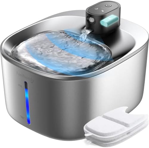 FEELNEEDY 4L Trinkbrunnen für Katze Edelstahl Kabellos mit Sensor | Katzenbrunnen Ohne Strom mit Bewegungsmelder und Akku 4000mAh, Wasserbrunnen für Katzen Batteriebetrieben mit 2