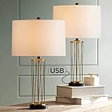 Nathan Modern Contemporary Table Lamps Set of 2 with Hotel Style USB Charging Port Gold Metal Drum Shade for Living Room Bedroom House Bedside Nightstand Home Office Family - 360 Lighting