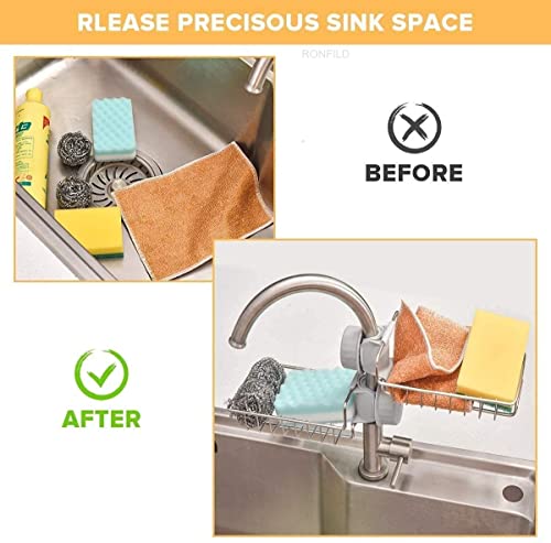 Image of Stainless Steel Adjusting Multifunctional Over Kitchen Sink Caddy Clamp Faucet Sponge Scrubber Holder Storage Hanging Shelf Draining Bathroom Tap Shampoo Soap Organizer Rack(Pack of 1)
