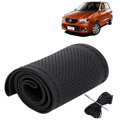 Image of KINGSWAY PU Leatherite Car Steering Cover Sewable Compatible with Maruti Suzuki Alto K10 (Year 2010-2014), Black Color with Black Thread, Pack of 1 with Sewing Needle and Thread