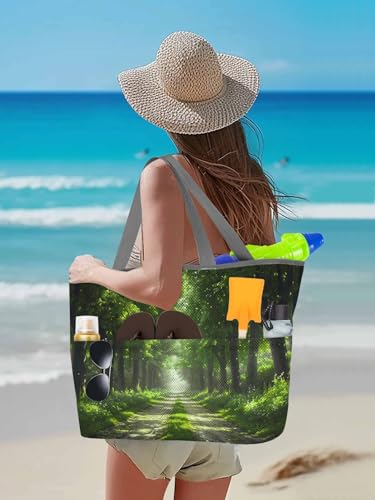 Beach Bags Women Mesh Tote Bag Summer Countryside Tree Path Toy Grocery Pool Bag with Pockets for Travel/Picnic/Shower3