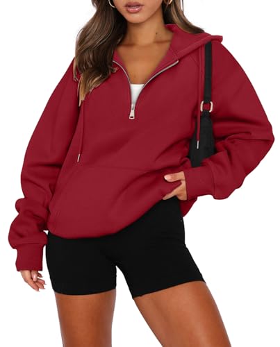 onlypuff Red Hoodie Women Pullover Half Zipper Tops Long Sleeve