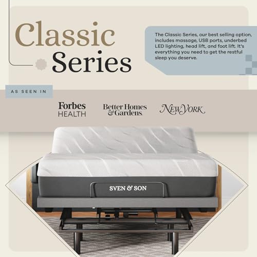 Image of Sven & Son Classic Adjustable Bed Base, Head and Foot Lift, Massage, Under-Bed Lights, USB, Gel Memory, Zero Gravity Smart Frame - Full + 10 inch Memory Foam Matt (Firm)