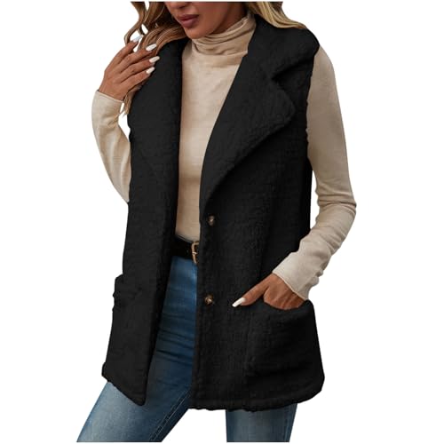 Double Sherpa Fuzzy Vest Jacket for Women Winter Warm Sleeveless Fleece Fluffy Vests Hooded Front Button Coats