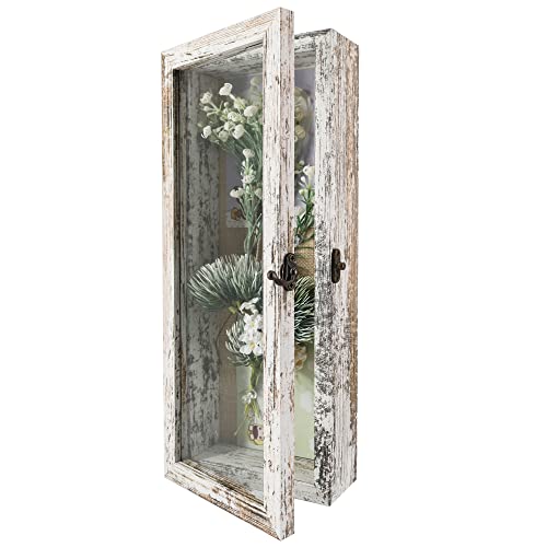 Image of GraduationMall 5x12.5 Wood Shadow Box Frame Glass Door Display Case with Linen Back and 6 Stick Pins,1.5 inches Interior Depth,Ideal for Memorabilia Pictures Flowers Medals Tickets Rustic White
