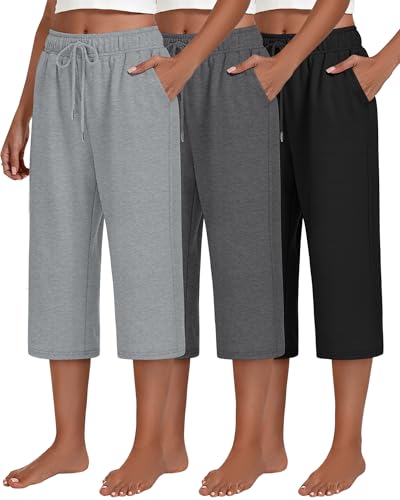 Neer 3 Pack Women's Capri Pants, Drawstring Wide Leg Crop Lounge Sweatpants Summer Yoga Casual Cropped Pants with Pocket