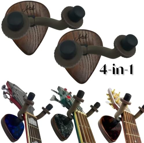 Atik 2 Pack 4-in-1 Guitar Wall Mount|Red Walnut Wood Single Guitar Stand for Wall|Guitar Accessory for Acoustic, Electric, Bass, Ukulele, Music Instruments|Pick Guitar Hanger|Support Mural Guitare
