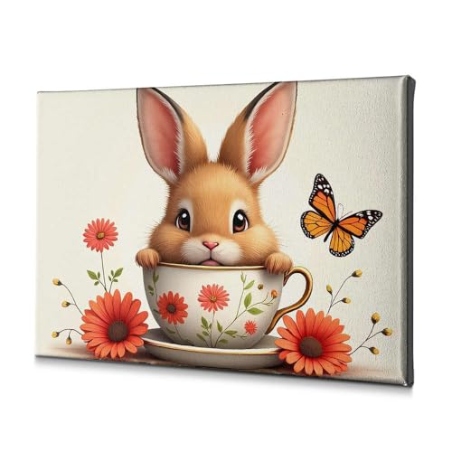 Toile lapin tasse de thé déco murale fleurie pour chambre et salle de bain 20x30 cm