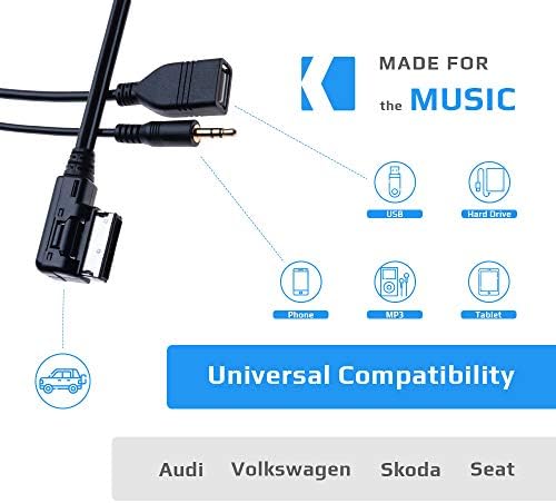 AMI MDI to AUX 3.5mm to USB Music Media Interface Cable Adapter | Compatible with Audi A6L Q5 Q7 A8 S5 A5 A4L A3 VW Volkswagen Tiguan GTI CC Skoda Fabia Octavia vehicle radio | 0.4m