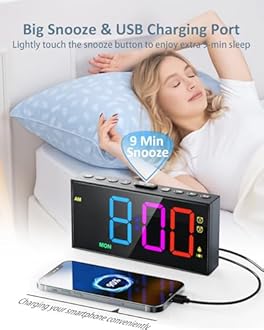 Loud Alarm Clock for Heavy Sleepers,RGB Vibrating Alarm Clock with Bed Shaker,3-level Vibrator,Dual Alarms,Weekday/Weekend,Dimmer,Volume,USB Phone Charger,Snooze,Plug in Clock with Memory Function