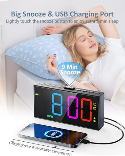 Loud Alarm Clock for Heavy Sleepers,RGB Vibrating Alarm Clock with Bed Shaker,3-level Vibrator,Dual Alarms,Weekday/Weekend,Dimmer,Volume,USB Phone Charger,Snooze,Plug in Clock with Memory Function