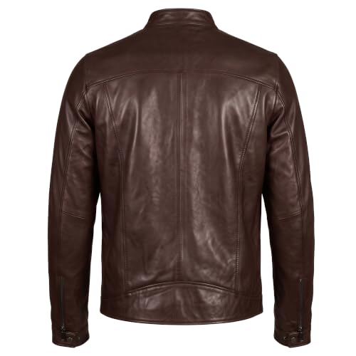 Image of Men Cafe Racer Motorcycle Style Solid Leather Jacket Slim Fit Motorcycle Brown Cafe Racer Leather Jacket