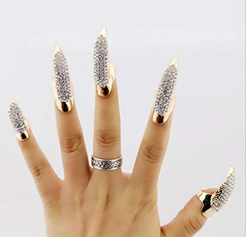Mens Gothic Full Finger Rings Retro Punk Rock False Nail Finger Claw Eagle Claw Womens Jewelry Alloy Rhinestone Fingertip Claw for Cosplay Party Halloween Activity (5PCS/Gold) - Thumbnail 3