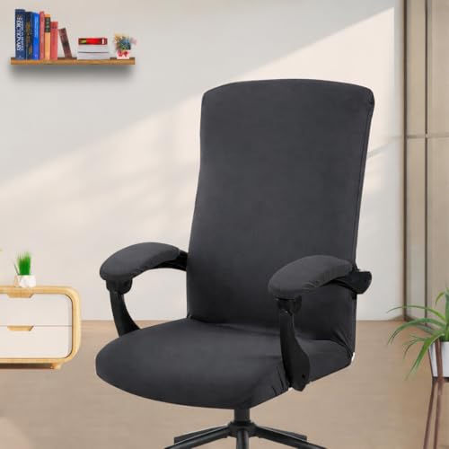 Image of ELEGANTA Stretchable Elastic Boss Office Chair Cover with Handle Covers, Polyester Spandex, Dark Grey (Pack of 1)