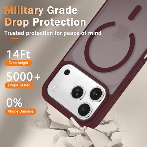 Image of YENAPOON for iPhone 17 Pro Max Case, Matte Magnetic Phone Cover [with 1 Screen Protector] [Support for MagSafe] [Shockproof Military Grade Protection] Translucent Frosted Back, Wine Red