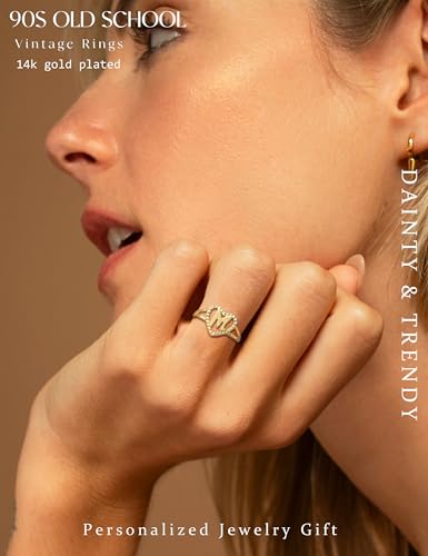 Image of RLMOON Gold Initial Rings for Women Non Tarnish 14K Gold Plated Vintage Heart Thumb Rings Personalized Carved Letter Statement Stackable Rings Size 6-10 Jewelry Gifts