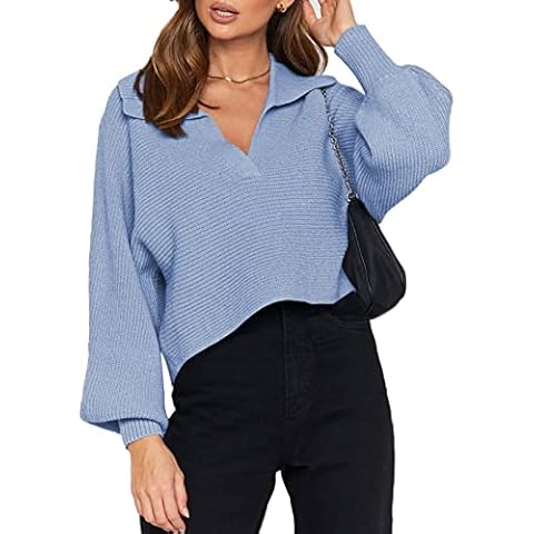 Meenew Women Casual Pullover Sweater Collared V Neck Long Sleeve Knit Crop Top L Light Blue Cover