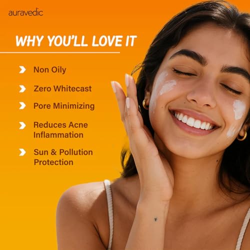Image of Auravedic Acne UV Sunscreen SPF 50 PA++++ for Acne Prone Oily Skin with Himalayan Berry Green Apple Gotu Kola Niacinamide 2% Salicylic Acid Pore Minimizing Non Greasy No White Cast Cream