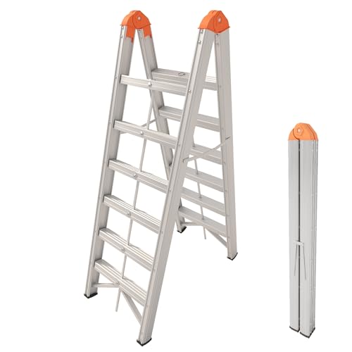 APARECIUM Aluminum Ladder, Foldable Twin Front A Frame 6-Step Ladder with Wide Anti-Slip Pedal...