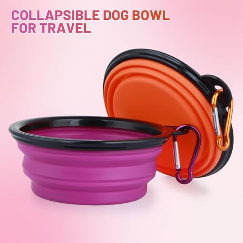 Image of Collapsible Dog Bowl, 2 Pack Collapsible Dog Water Bowls for Cats Dogs, Portable Pet Feeding Watering Dish for Walking Parking Traveling with 2 Carabiners (Small, Orange+Purple)