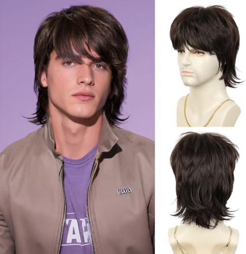 QUEENTAS Men's Short Brown Wig - 70s/80s Mullet Wolf Cut - Medium Long - Synthetic Hair Wig for Daily Cosplay & Halloween