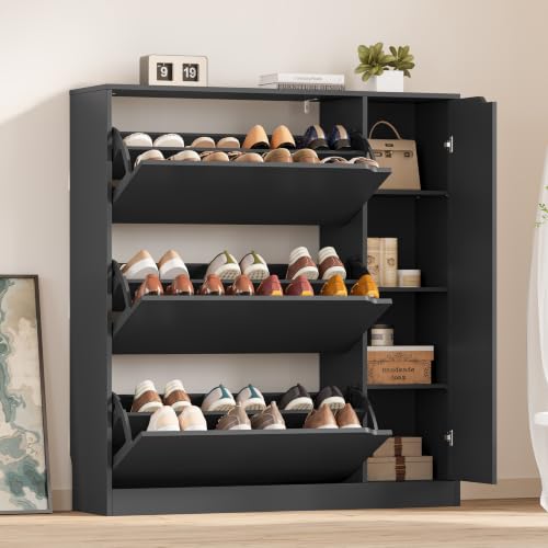 Image of BORNOON Shoe Cabinet with Side Storage, Shoe Organizer with 3 Flip Drawers