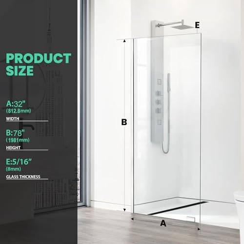 Image of 32 inchx78 inch Fixed Glass Shower Panel, 5 /16 inch Bathroom Shower Doors Chrome Silver