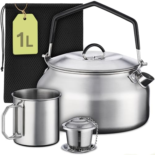 Praknu Bouilloire de camping 1 l en acier inoxydable - Bouilloire...