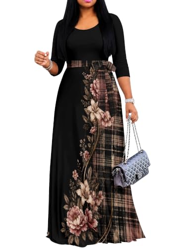 Image of PinkPatty Women's Plus Size V Neck Long Sleeve Wrap Maxi Dress with Belt | Flowy belted maxi dress for travel, vacations, weddings, dinners, church, parties, and everyday elegant wear