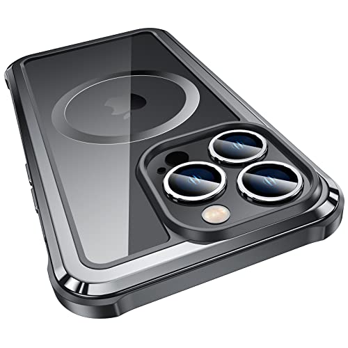 Auleegei Stainless-Frame Metal Magsafe Designed for iPhone 14 Pro Max case Clear [20 FT Military Drop Protection] Protective Shockproof Bumper with Airbag Case [Non-Yellowing] Cover 6.7 Inch-Black