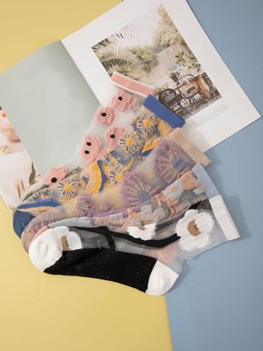 Women's 4pairs Flower Casual Pattern Crew Socks3