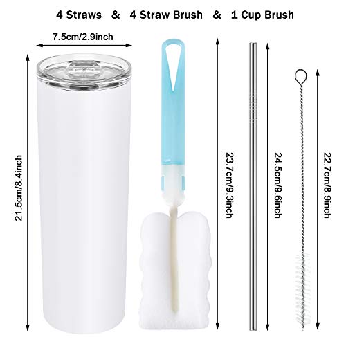 Qtencas 20 Oz Sublimation Tumbler Skinny Straight, White Skinny Tumblers With Straws And Lids, 4 Pack Insulated Sublimation Cups Water Tumbler Blank, Stainless Steel Slim Tumbler For Drinks #TOP6