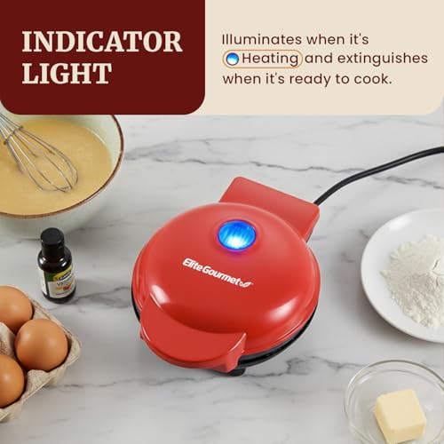 Image of Elite Gourmet EWM015R Electric Non-Stick Mini Waffle Maker, Belgian Waffle Maker, Compact Design, Hash Browns, Keto, Snacks, Sandwich, Egg, Easy to Clean, Red