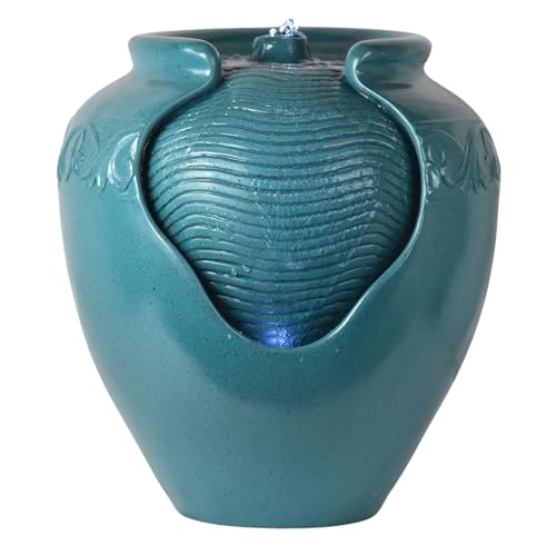 Teamson Home Floor Glazed Pot Water Fountain with Built-in LED Light and Pump for Outdoor Indoor...
