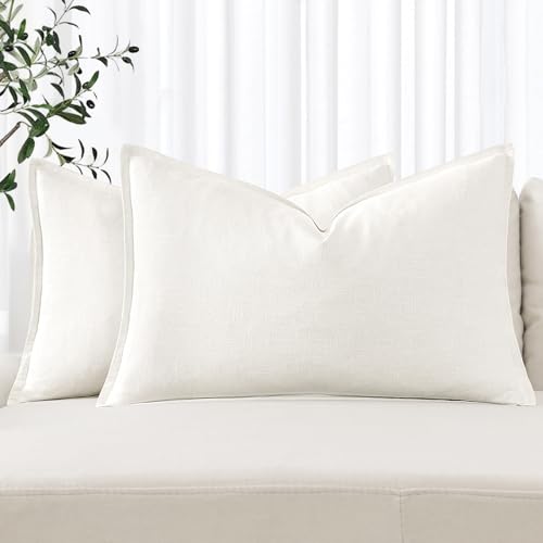 Image of MIULEE Decorative Linen Lumbar Pillow Covers 12x20 Inch Cream White Boho Farmhouse Neutral Couch Throw Pillows for Bed Pack of 2 Accent Modern Pillowcase Sofa Livingroom Home Decor