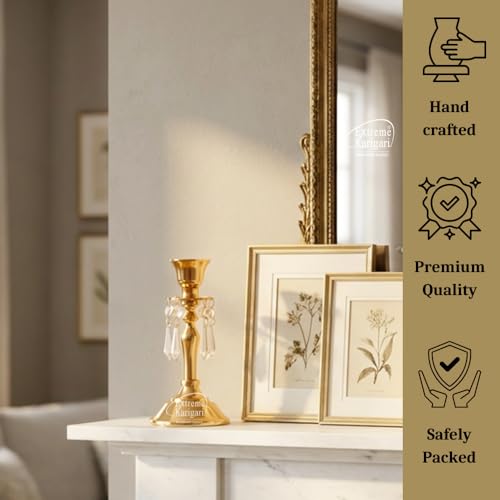 Image of Aluminum Gold Plated Vinatge Candle Stand Holder Crystal Hanging for Home Decor, Dining Table Centerpiece Decoration, 6.75inch