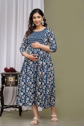 Image of Maternity Feeding Kurtis for Women Cotton - Zip Access Nursing Dress | Comfortable Pregnancy Wear | Stylish Feeding Kurti | Soft Cotton Maternity Dresses for Womens