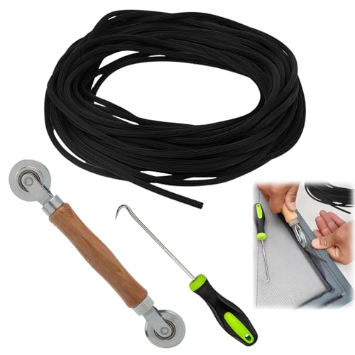3 Piezas Reparación de Mosquiteras, Herramientas para Mantenimiento de Mosquiteras en Ventanas y Puertas, Incluye Rodillo de Sellado Doble Rueda, Cordón de Goma de 15 m y Gancho de Precisión