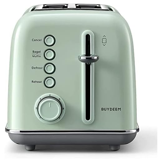 BUYDEEM DT620E Tostadora de Pan 2 Rebanadas de Ranuras Anchas, Tostador Vintage de Acero Inoxidable de 7 Niveles, Función de Calentamiento y Descongelación, Recolector de Basura Extraíble (Green)