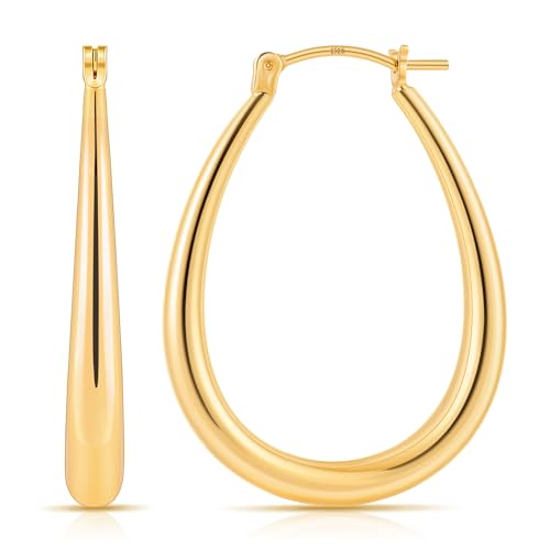 Gacimy Chunky Hoop Earrings for Women, 14K Gold Plated Oval Hoop Earrings with 925 Sterling Silver Post