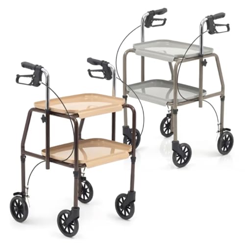 Kitchen Trolley Walker with Lockable Brakes for Indoor Use 4 Wheel Mobility Rollator Trolley Household Walking Aid for Elderly & Disabled Stable Walking Aid with Easy-Grip Handles (Cream & Brown)