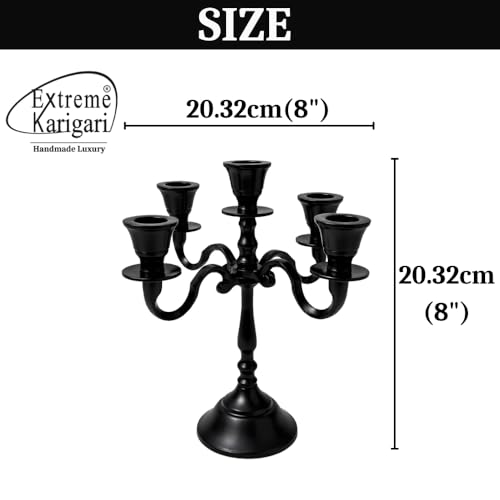 Image of Aluminum 5-Arm 8inch Black Matt Candelabra for Dining Table | Vintage Candle Stand for Romantic Dinner, Home & Wedding Decor