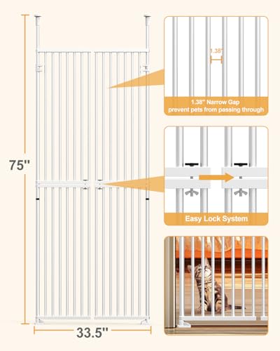 Extra hohes Katzengitter 180 cm, Katzengitter für Türen ohne Überklettern, doppeltwirkende Tür für 75–82 cm breite Öffnung, kein Bohren, 3,17 cm Gitterabstand, Haustiergitter, Türgitter für Flur/Trepp